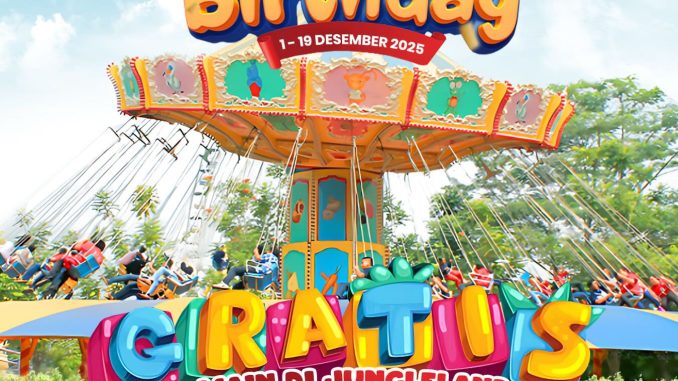 Promo Jungleland Birthday Treats gratis tiket masuk 1–19 Desember 2025 dengan syarat membawa pendamping berbayar.
