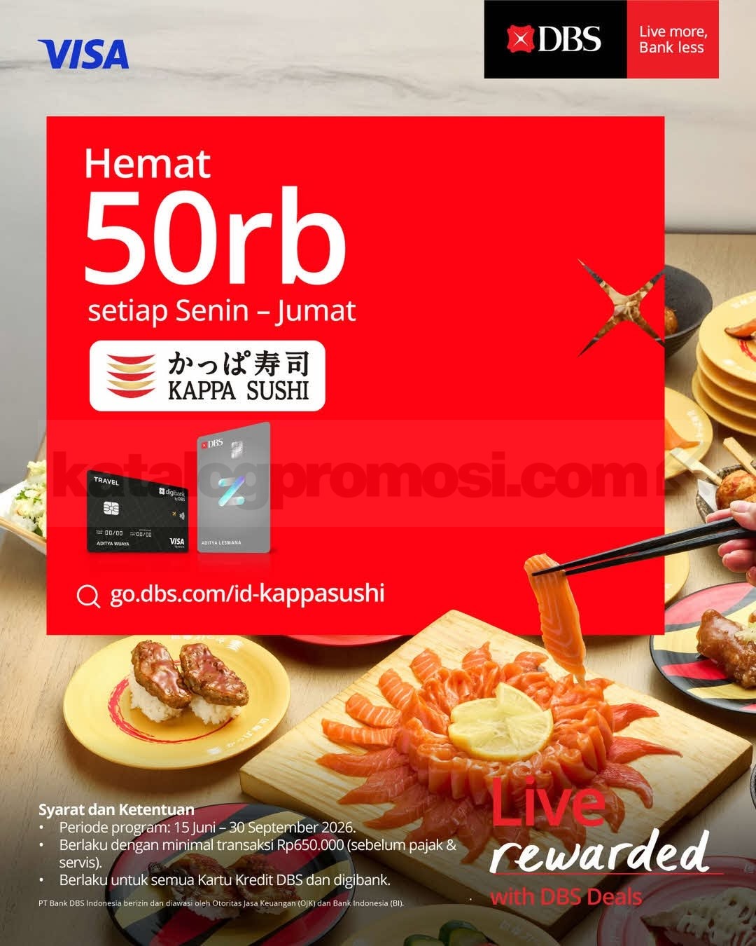 Promo Kappa Sushi Diskon Rp. 50.000 dengan Kartu DBS Promo Kappa Sushi Diskon Rp. 50.000 dengan Kartu DBS untuk Buffet, Lunch Set, dan Ala Carte