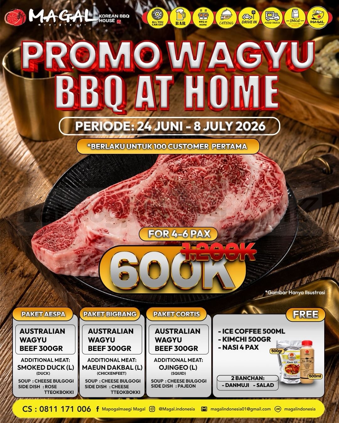 Promo Magal Wagyu BBQ at Home 4–6 Pax Rp. 600.000 Promo Magal Wagyu BBQ at Home 4–6 Pax Rp. 600.000 paket wagyu lengkap bonus nasi kimchi