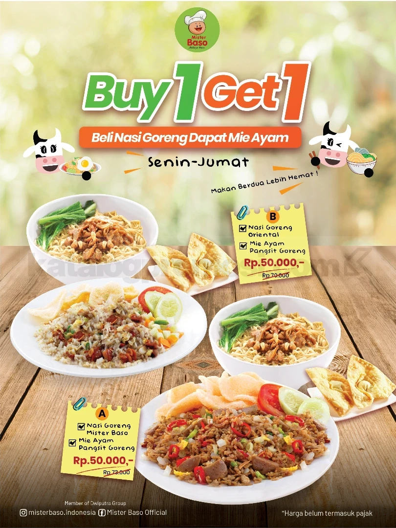Promo Mister Baso Beli 1 Gratis 1 Menu Favorit Promo Mister Baso Beli 1 Gratis 1 Menu Favorit Rp. 50.000 nasi goreng dan mie ayam