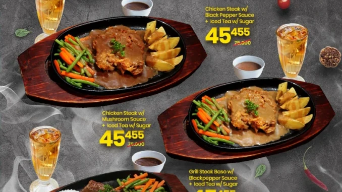 Promo Mister Baso Menu Level Up Steak Rp. 45.455 dengan FREE Iced Tea untuk lunch dan dinner