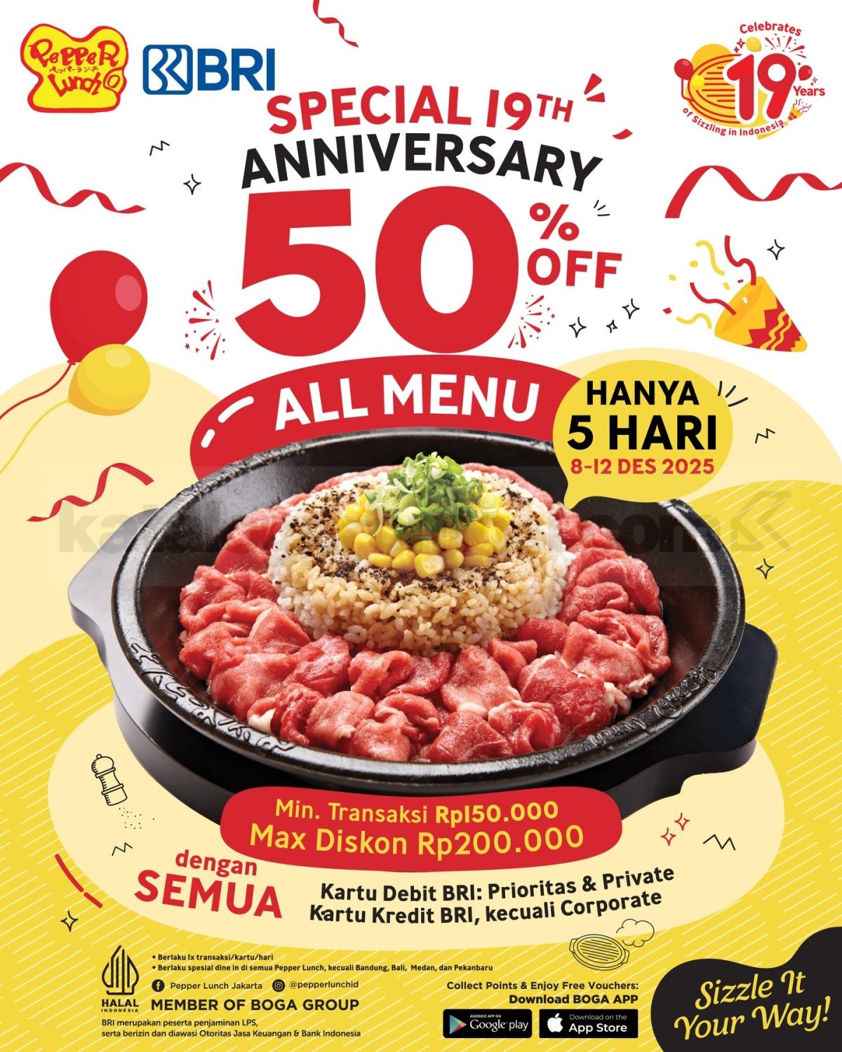 Promo Pepper Lunch BRI Diskon 50% Semua Menu Promo Pepper Lunch BRI diskon 50% semua menu dengan min. transaksi Rp50.000 berlaku 8–12 Desember 2025.