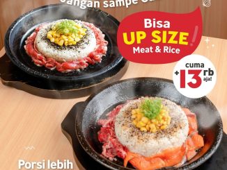 Promo Pepper Lunch Upsize Pepper Rice +Rp.13.000 tambahan meat dan rice untuk menu Beef Chicken Salmon dan Beef & Salmon