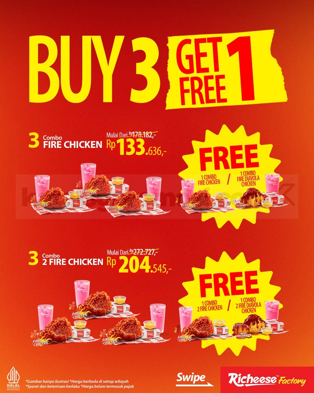 Promo Richeese Factory BUY 3 GET 1 FREE Promo Richeese Factory BUY 3 GET 1 FREE, makan 4 bayar 3, berlaku 1–31 Desember 2025 di seluruh outlet.