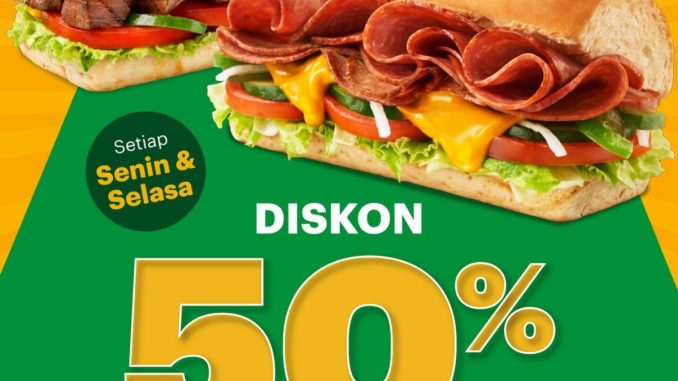 Promo Subway Diskon 50% sandwich ke-2 setiap Senin dan Selasa