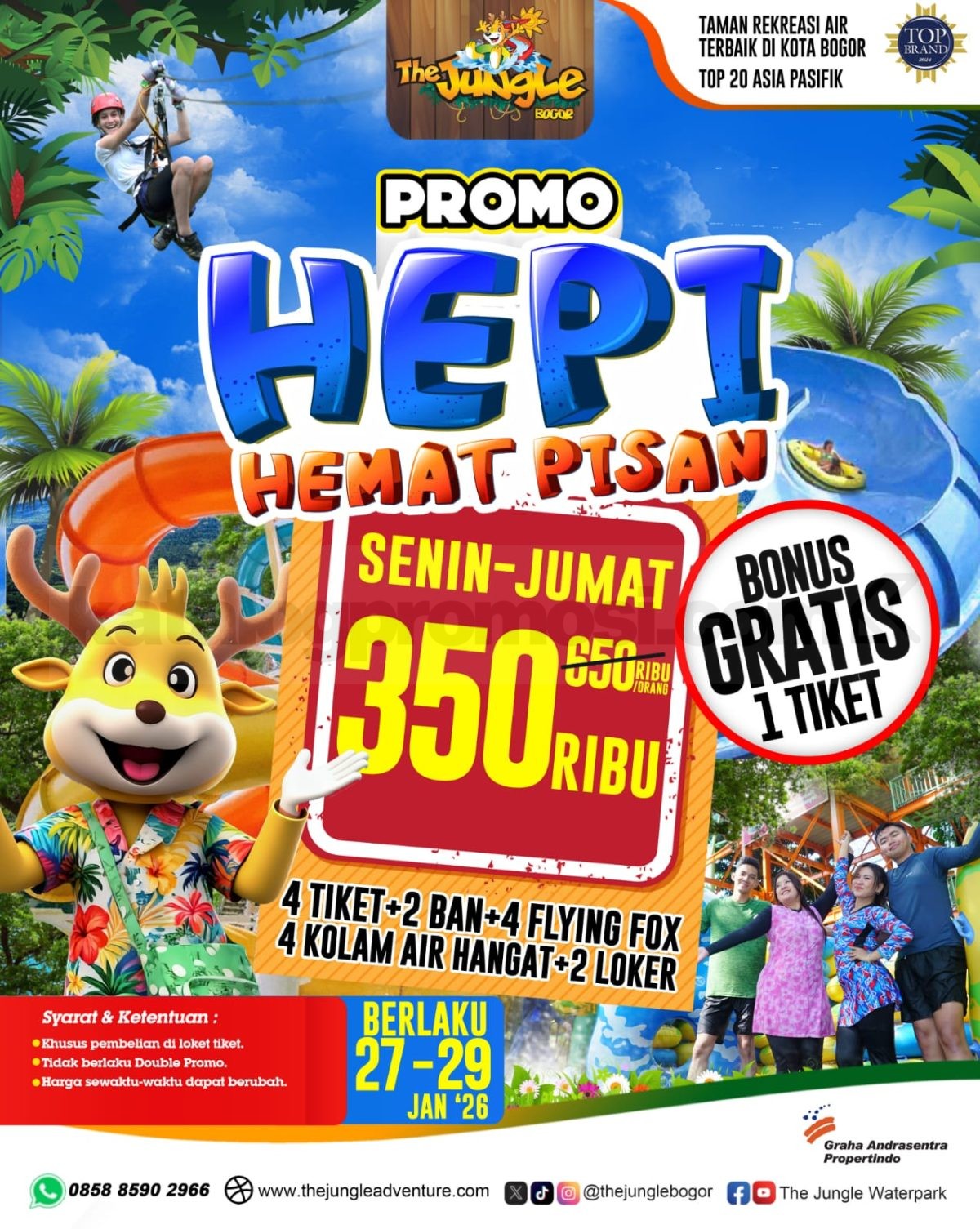 Promo The Jungle HEPI 4 Tiket Masuk Bonus 1 Tiket Rp. 350.000 Promo The Jungle HEPI 4 Tiket Masuk Bonus 1 Tiket Rp. 350.000