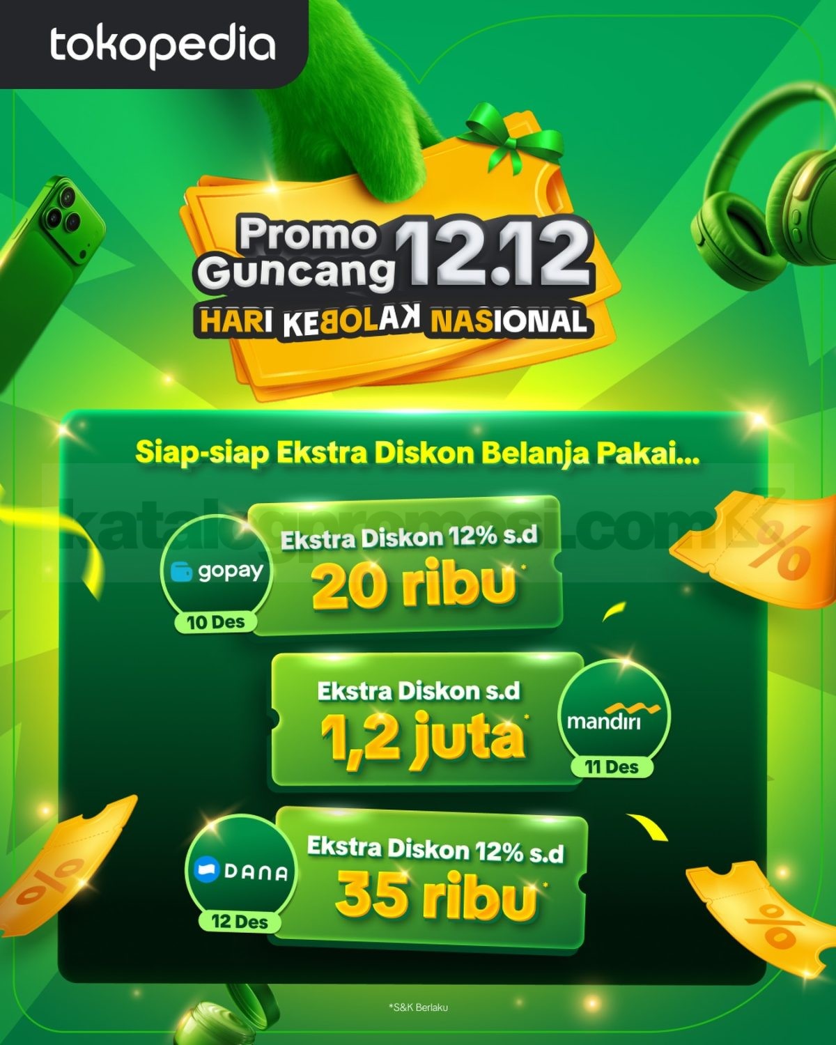 Promo Tokopedia Guncang 12.12 Diskon hingga 1,2 Juta Promo Tokopedia Guncang 12.12 diskon hingga 1,2 juta berlaku sampai 14 Desember 2025 dengan flash sale dan gratis ongkir.