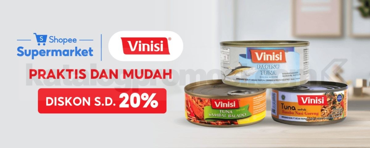Promo Vinisi Tuna Kaleng Diskon hingga 20% Promo Vinisi Tuna Kaleng Diskon hingga 20% di Shopee Supermarket untuk berbagai varian rasa periode 21-31 Juli 2026