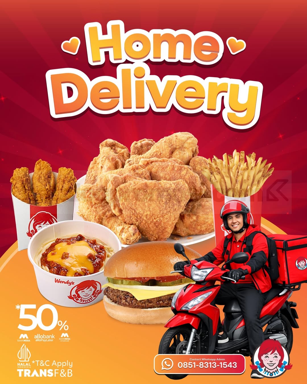 Promo Wendy's Home Delivery Diskon hingga 50% Promo Wendy's Home Delivery Diskon hingga 50% untuk burger, ayam crispy, baked potato dan menu favorit