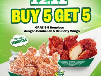 Promo Wingstop 12.12 Buy 5 Get 5 bonus 5 Boneless untuk pembelian 5 Crunchy Wings periode 11–17 Desember 2025.