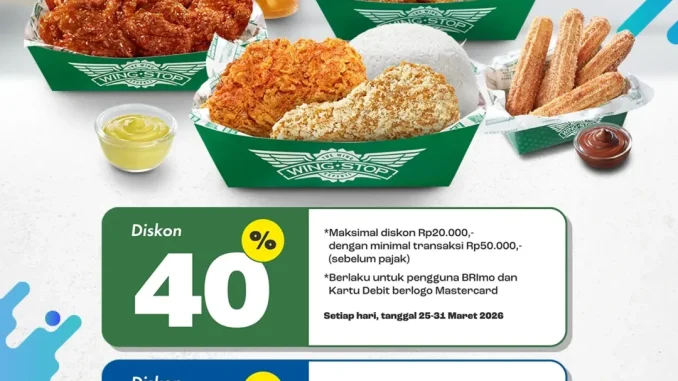 Promo Wingstop BRI diskon hingga 40% potongan Rp. 20.000 transaksi dengan BRImo atau Debit Mastercard
