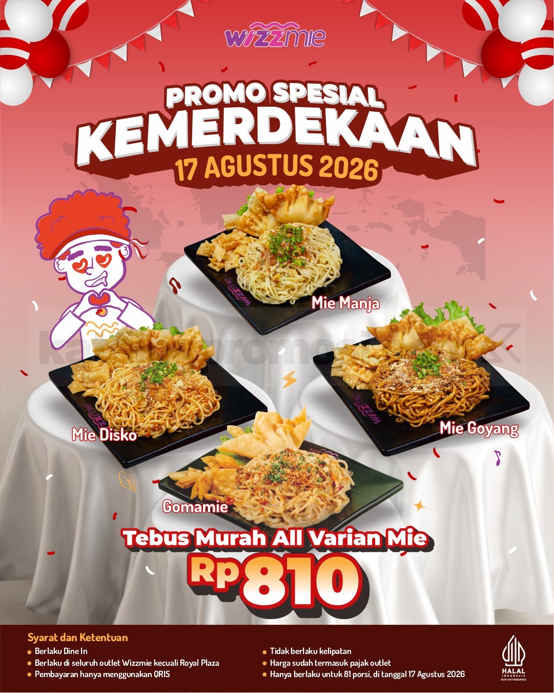Promo Wizzmie Spesial Kemerdekaan All Varian Mie Rp. 810 Promo Wizzmie Spesial Kemerdekaan All Varian Mie Rp. 810 pada 17 Agustus 2026