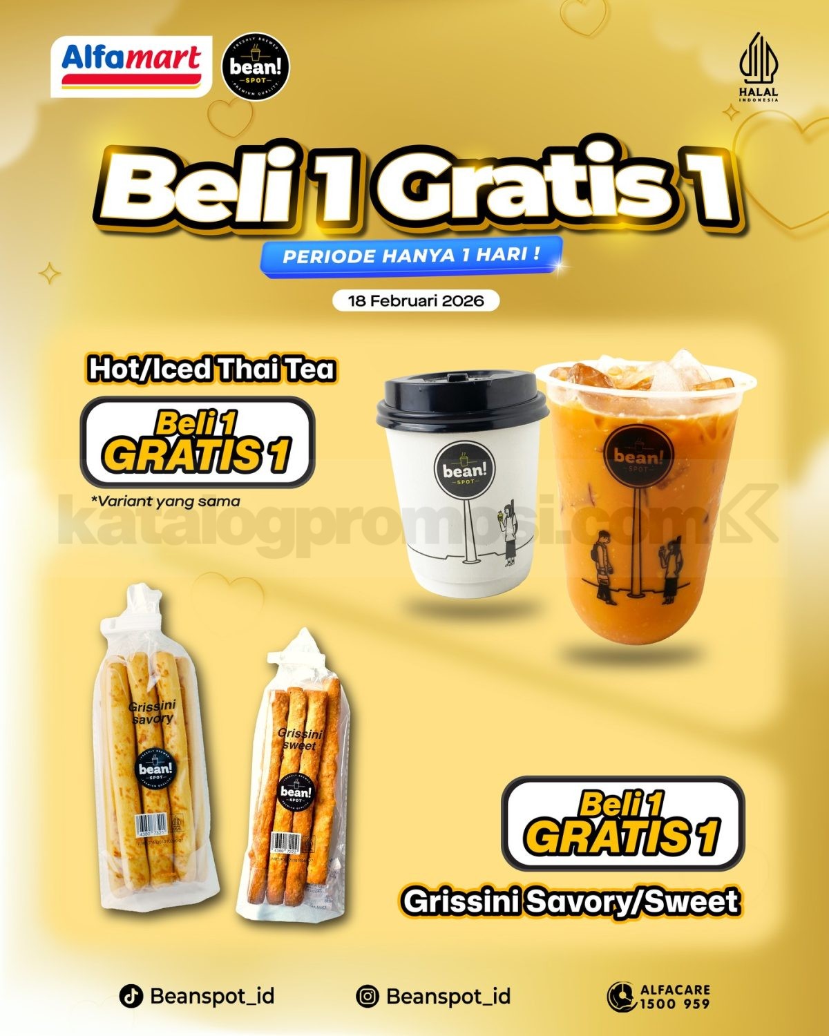 Promo Beanspot Hanya 1 Hari Beli 1 Gratis 1 Promo Beanspot Hanya 1 Hari Beli 1 Gratis 1 tanggal 18 Februari 2026 untuk Thai Tea dan Grissini