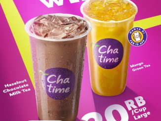 Promo Chatime Happy Weekend Minuman Large Rp. 20.000 menampilkan menu Mango Green Tea dan Hazelnut Chocolate ukuran besar dengan harga hemat.