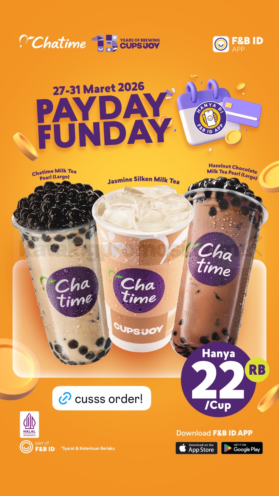 Promo Chatime Payday Funday Milk Tea Large Rp. 22.000 Promo Chatime Payday Funday Milk Tea Large Rp. 22.000 berlaku 27 – 31 Maret 2026 via F&B ID APP