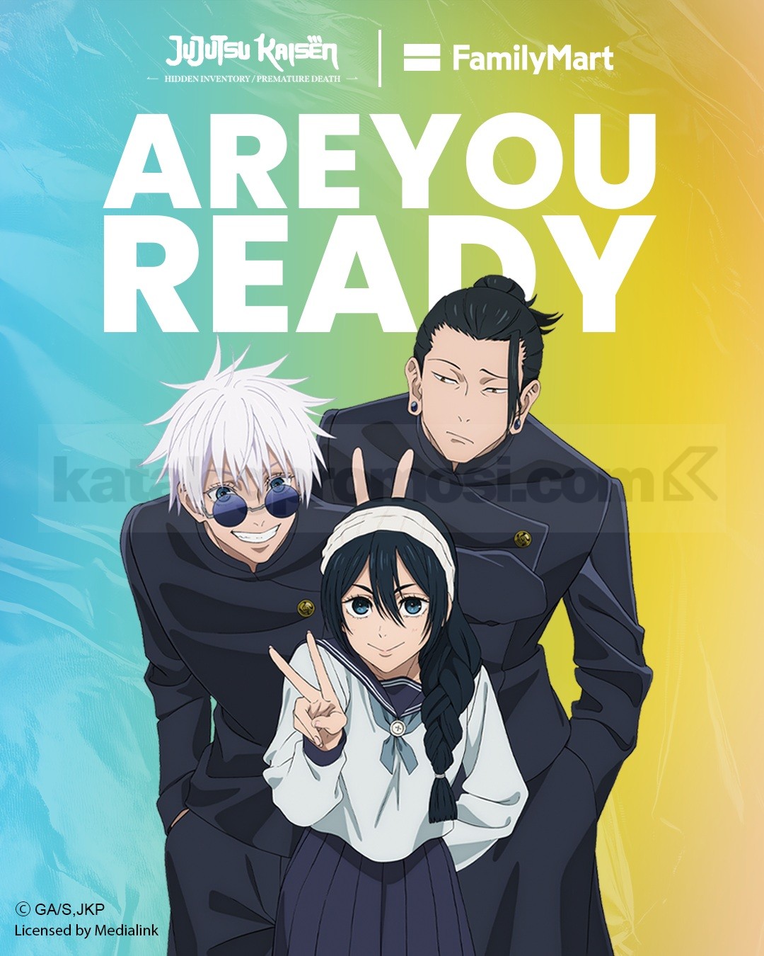 Promo FamilyMart Jujutsu Kaisen Bundling Spesial Rp22.000 Promo FamilyMart Jujutsu Kaisen bundling FamiCafe Rp22.000 dengan Collectible Cup dan gratis Collectible Card Gojo dan Geto.