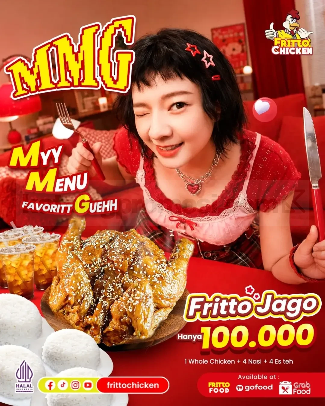 Promo Fritto Chicken Paket Fritto Jago Rp100.000 Promo Fritto Chicken Paket Fritto Jago Rp100.000 berisi 1 Whole Chicken, 4 nasi, dan 4 es teh.