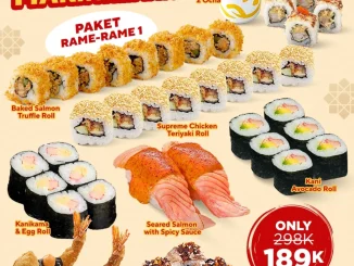 Promo Genki Sushi Paket Rame Rame Rp. 189.000 dengan berbagai pilihan sushi dan bonus 2 Ocha untuk makan bersama