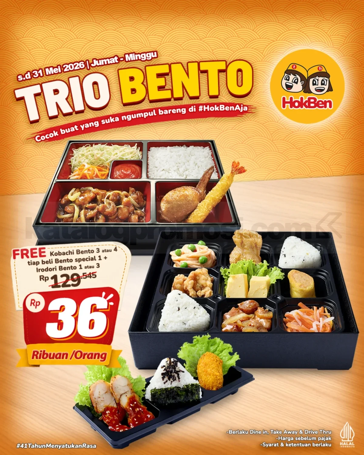 Promo HokBen TRIO BENTO Mulai Rp. 36 ribuan Promo HokBen TRIO BENTO mulai Rp. 36 ribuan dengan bonus Free Kobachi Bento hingga 31 Mei 2026