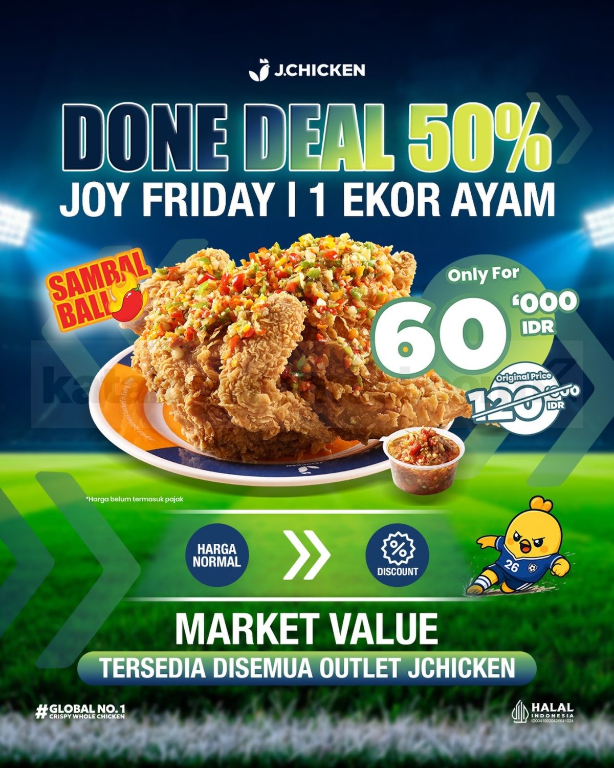 Promo J.Chicken Ayam Sambal Bali Diskon 50% Promo J.Chicken Ayam Sambal Bali Diskon 50% setiap hari Jumat di seluruh outlet.