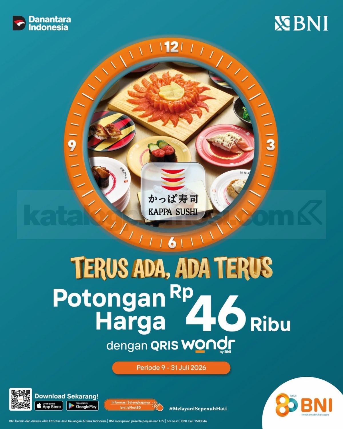 Promo Kappa Sushi HUT BNI Potongan Rp. 46.000 Promo Kappa Sushi HUT BNI Potongan Rp. 46.000 dengan pembayaran QRIS wondr by BNI hingga 31 Juli 2026.