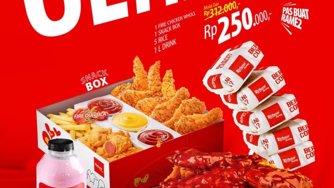 Promo Richeese Factory Combo Ultimate Rp. 250.000 dengan fire chicken whole, snackbox, nasi dan minuman 1 liter