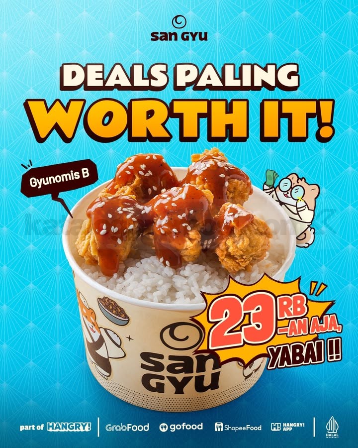 Promo San Gyu Deals Gyunomis B Rp. 23 Ribuan Promo San Gyu Deals Gyunomis B Rp. 23 Ribuan dengan Chicken Rice Bowl halal mulai Rp. 23 ribuan.