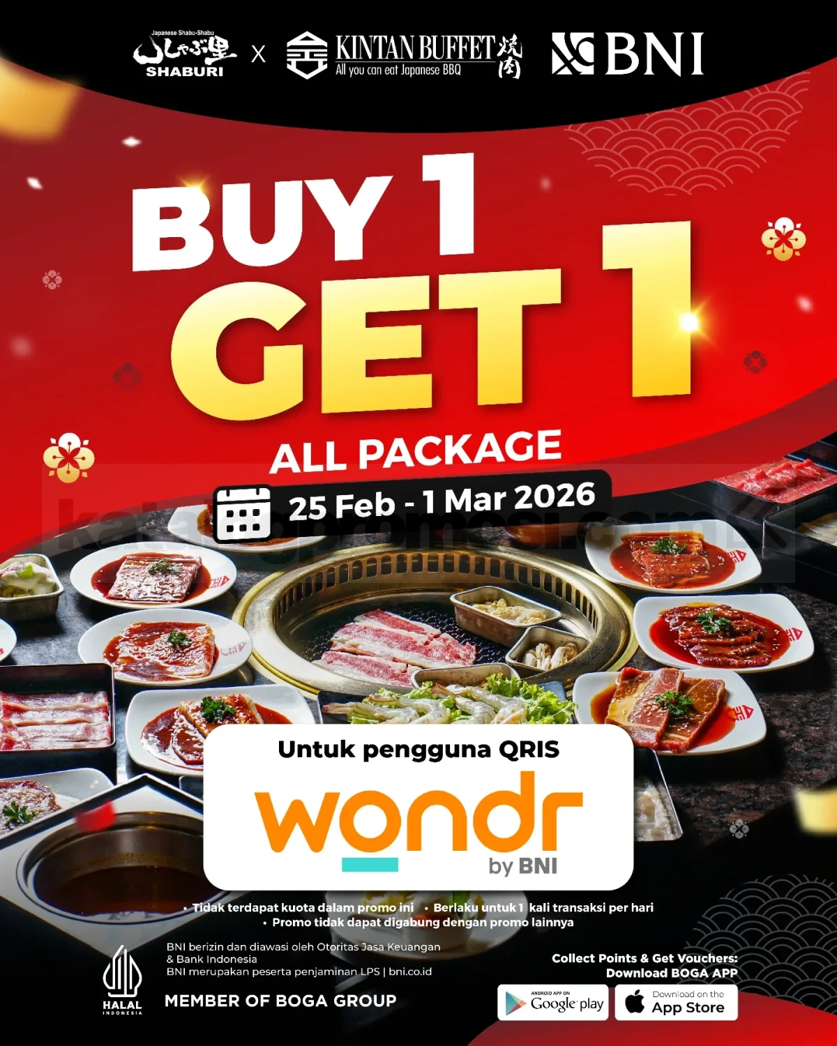 Promo Shaburi Kintan BNI Buy 1 Get 1 All Package Promo Shaburi Kintan BNI Buy 1 Get 1 All Package 25 Februari 2026 - 1 Maret 2026 bayar pakai QRIS wondr