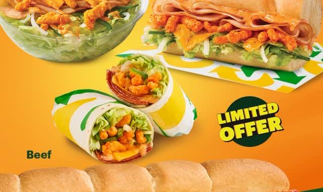 Promo Subway NEW Crunchy Cheesy Cheetos dengan pilihan Chicken atau Beef, thousand island sauce, dan taburan Cheetos