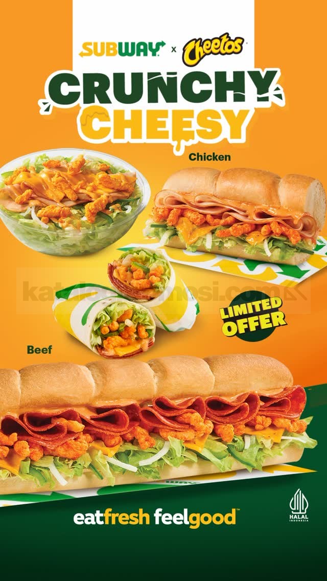 Promo Subway NEW Crunchy Cheesy Cheetos Promo Subway NEW Crunchy Cheesy Cheetos dengan pilihan Chicken atau Beef, thousand island sauce, dan taburan Cheetos