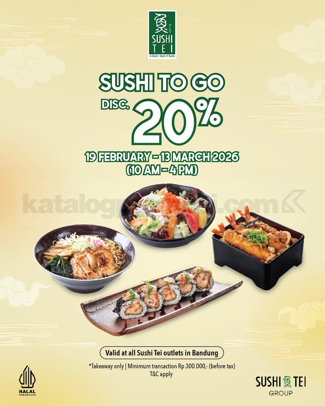 Promo Sushi Tei Takeaway Diskon 20% Promo Sushi Tei Takeaway Diskon 20% min Rp300.000 periode 19 Februari - 13 Maret 2026 di Bandung