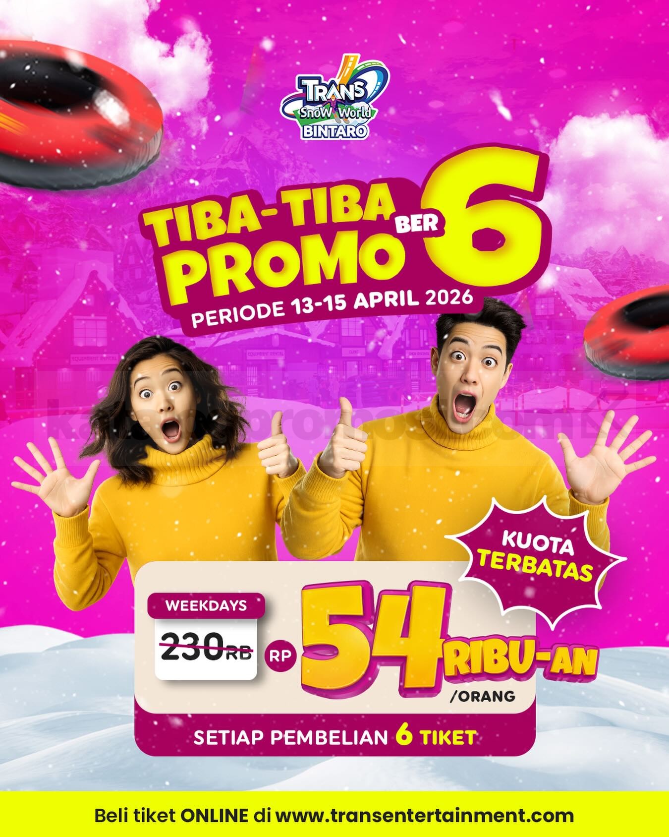 Promo Trans Snow World Bintaro Ber-6 Rp. 54.000 Promo Trans Snow World Bintaro Ber-6 Rp. 54.000 per orang dengan pembelian 6 tiket