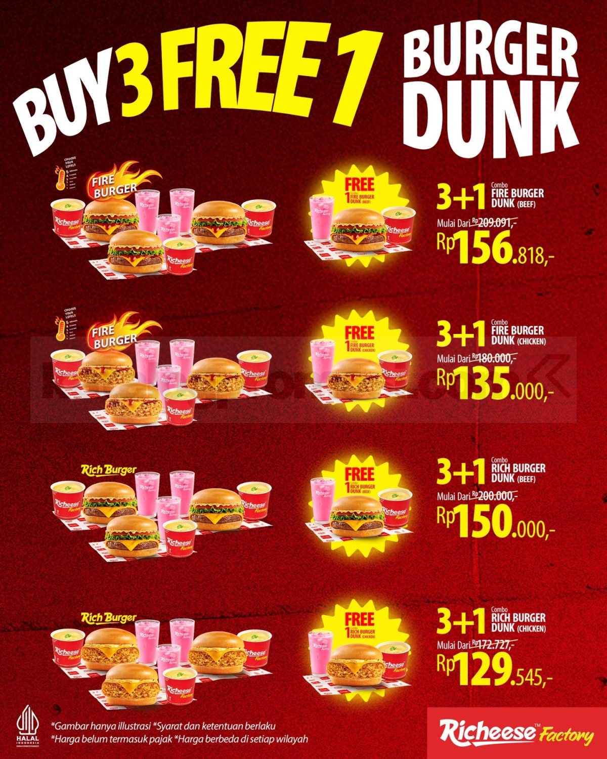 Promo Richeese Factory Burger Dunk Combo mulai Rp. 43.182 Promo Richeese Factory Burger Dunk Combo mulai Rp. 43.182 1