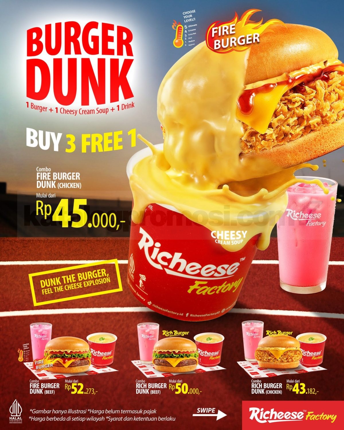 Promo Richeese Factory Burger Dunk Combo mulai Rp. 43.182 romo Richeese Factory Burger Dunk Combo mulai Rp. 43.182 dengan cheesy cream soup