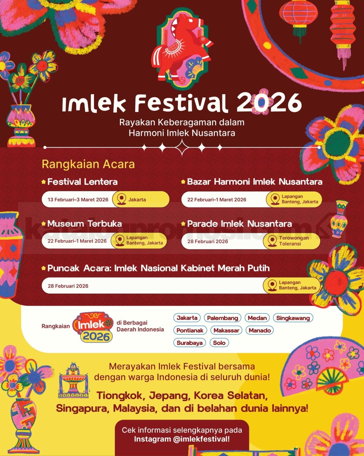 Imlek Festival 2026 di Lapangan Banteng Imlek Festival 2026 di Lapangan Banteng Jakarta 22 Februari – 3 Maret 2026 dengan parade dan festival budaya.