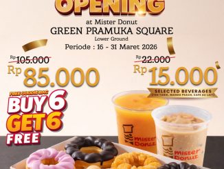Promo Mister Donut Opening Green Pramuka Square beli 6 gratis 6 donut Rp. 85.000