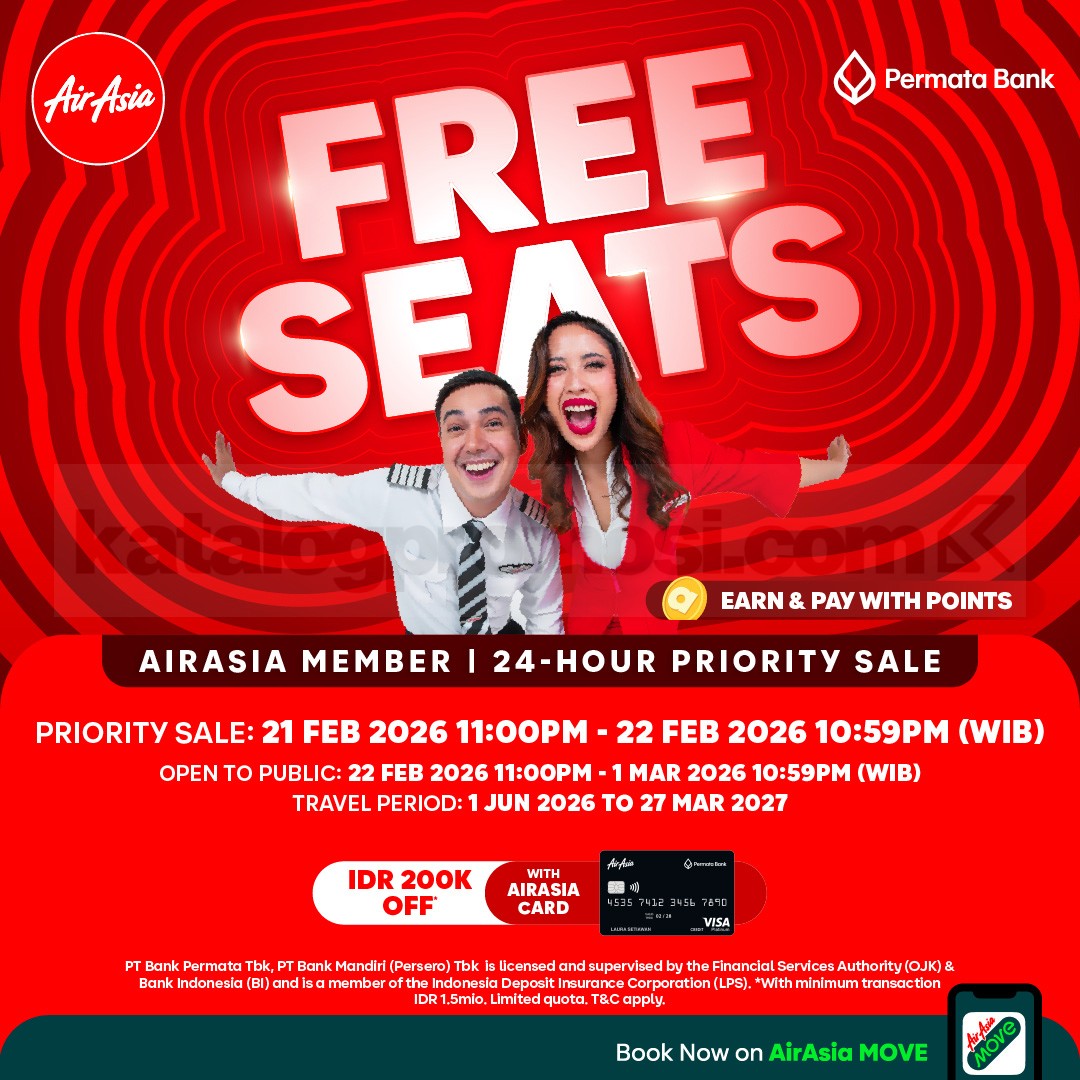 Promo AirAsia FREE SEATS Priority Sale 24 Jam Promo AirAsia FREE SEATS Priority Sale 24 Jam periode 21 Februari – 1 Maret 2026 travel 1 Juni 2026 – 27 Maret 2027
