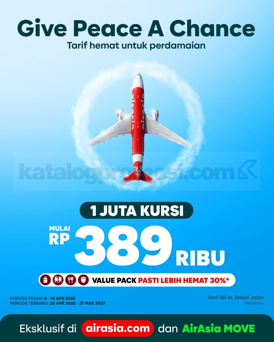 Promo AirAsia Give Peace A Chance Tiket Mulai Rp. 389.000 Promo AirAsia Give Peace A Chance Tiket Mulai Rp. 389.000 menampilkan penawaran 1 juta kursi hemat untuk periode terbang hingga 2027.