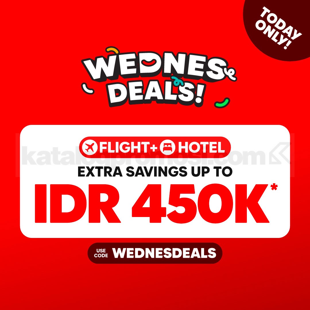 Promo AirAsia Wednesdeals Flight+Hotel Diskon Rp450.000 Promo AirAsia Wednesdeals Flight+Hotel diskon hingga Rp450.000 periode booking 12 Agustus 2026.