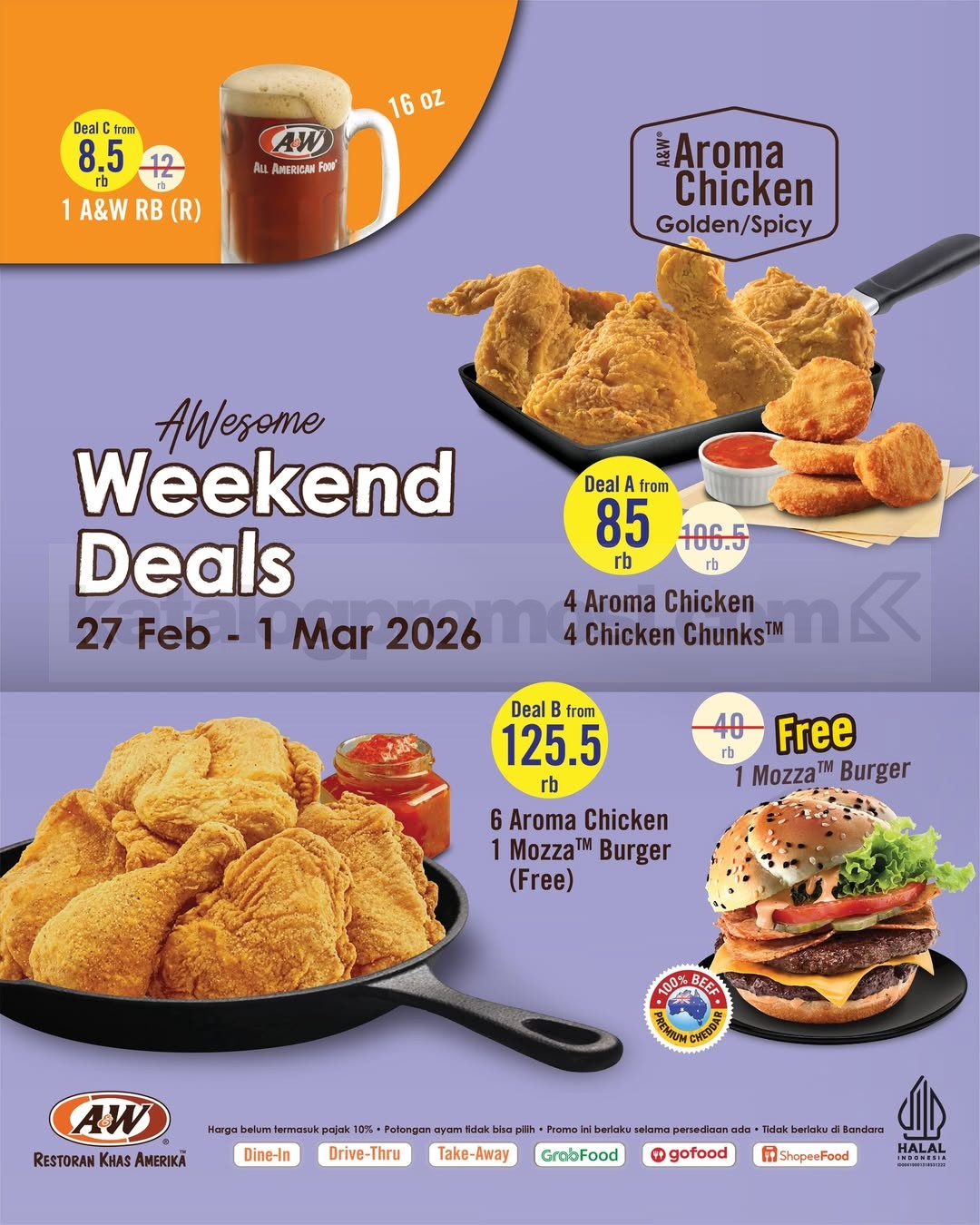 Promo A&W AWesome Weekend Deals mulai Rp. 8.500 Promo A&W AWesome Weekend Deals mulai Rp. 8.500 paket ayam dan Root Beer akhir pekan