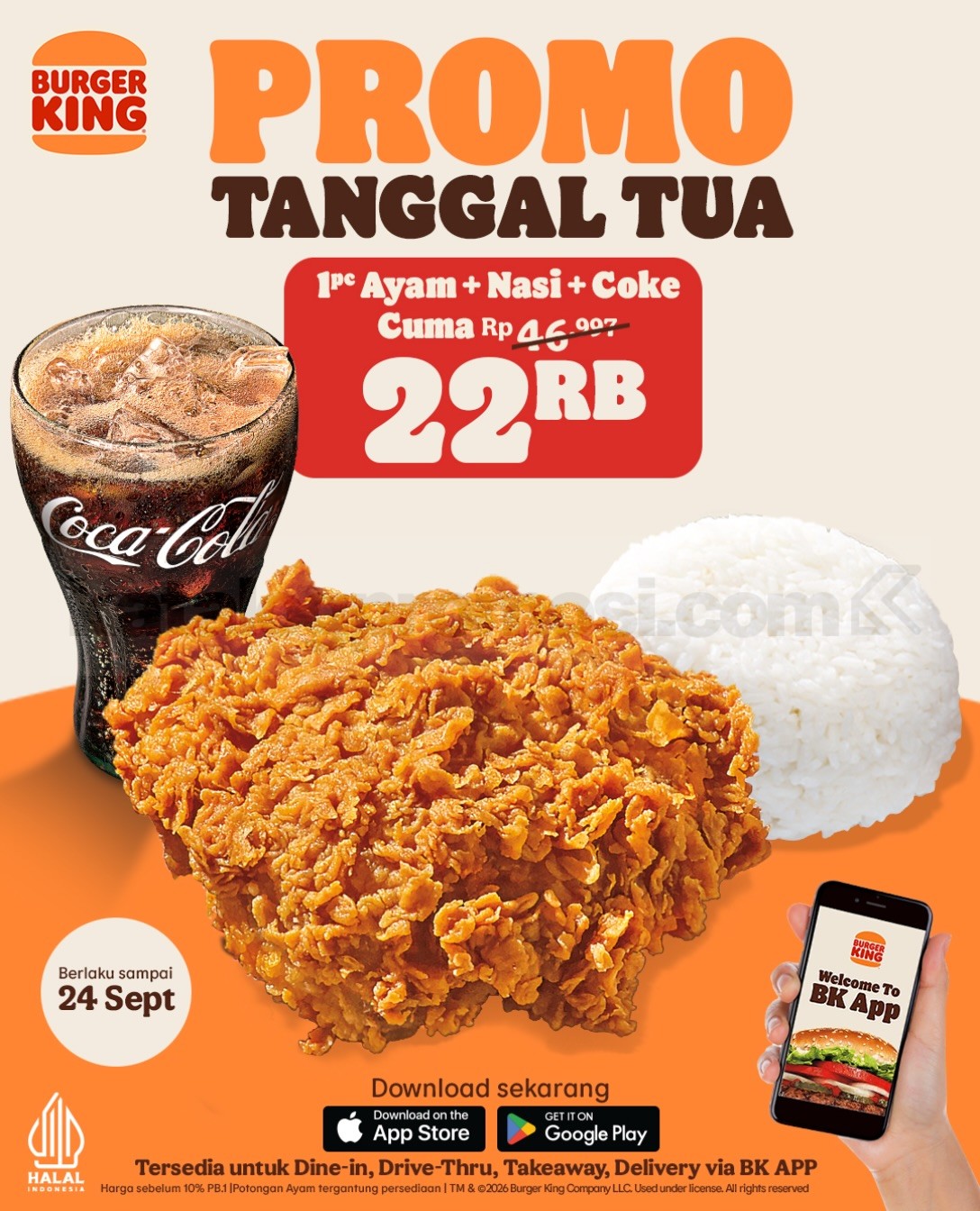 Promo Burger King Paket Tanggal Tua Rp22.000 Promo Burger King Paket Tanggal Tua Rp22.000 1 PC Ayam, Nasi dan Coke