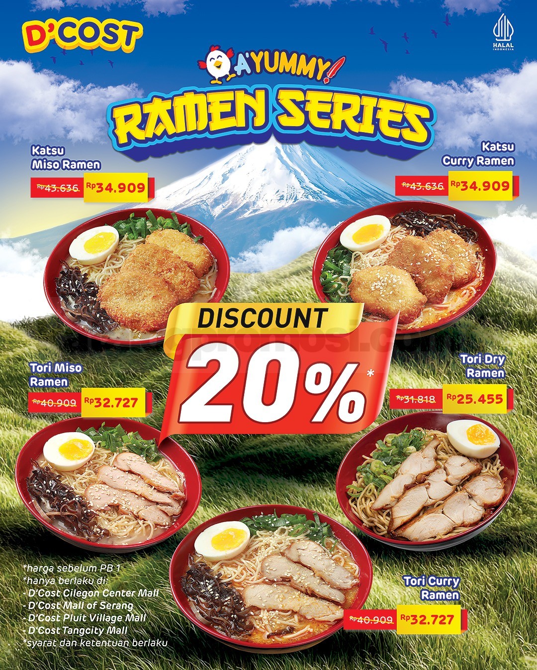 Promo D'Cost Ramen Series Diskon 20% Promo D'Cost Ramen Series Diskon 20% Mulai Rp. 25.455 untuk pilihan menu ramen di outlet tertentu.