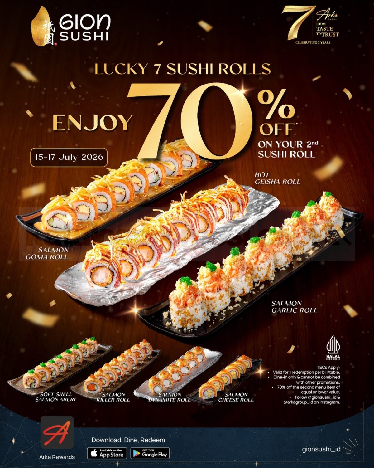 Promo Gion Sushi Lucky 7 Sushi Rolls Diskon 70% Promo Gion Sushi Lucky 7 Sushi Rolls diskon 70 persen untuk sushi roll kedua.
