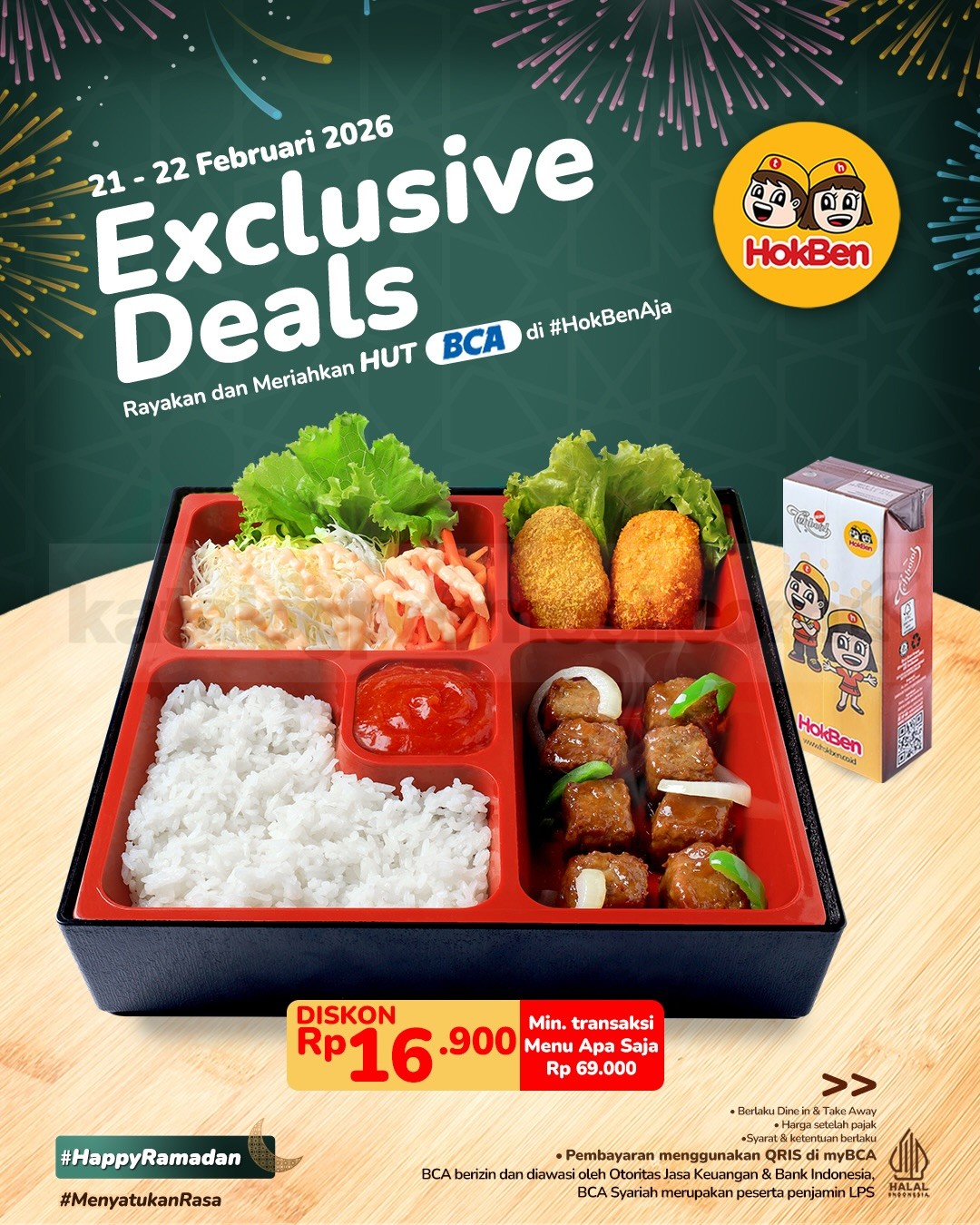 Promo HokBen HUT BCA 69 Diskon Rp. 16.900 Promo HokBen HUT BCA 69 Diskon Rp. 16.900 periode 21 – 22 Februari 2026 QRIS myBCA