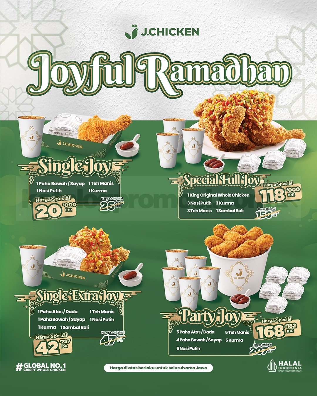 Promo J.Chicken Joyful Ramadhan Paket mulai Rp. 20.000 Promo J.Chicken Joyful Ramadhan Paket mulai Rp. 20.000 lengkap dengan ayam, nasi, teh manis dan kurma