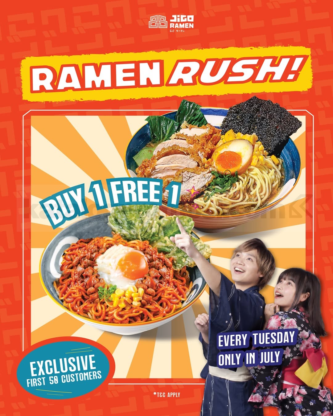 Promo Jigo Ramen Ramen Rush Buy 1 Free 1 Promo Jigo Ramen Ramen Rush Buy 1 Free 1 setiap Selasa bulan Juli untuk 50 pelanggan pertama di outlet tertentu.