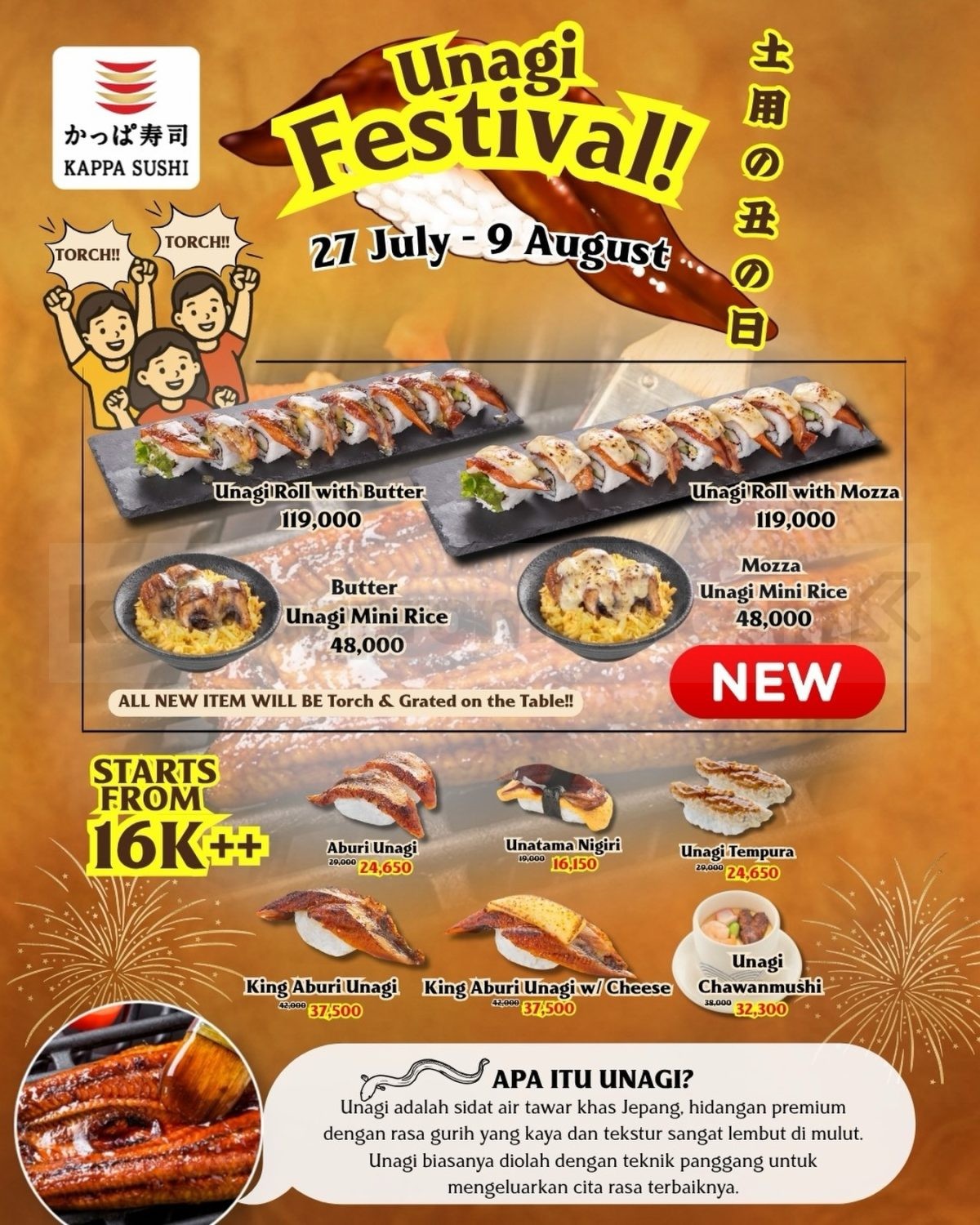 Promo Kappa Sushi Unagi Festival mulai Rp. 16.150 Promo Kappa Sushi Unagi Festival mulai Rp. 16.150 dengan diskon 15% menu Unagi Ala Carte dan menu baru.