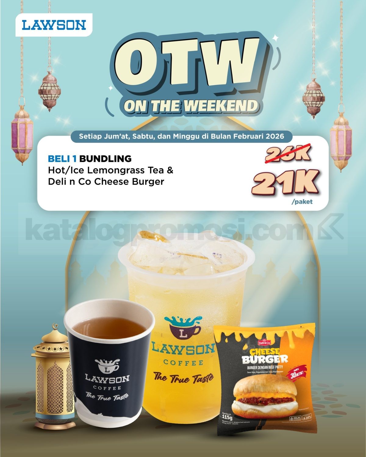 Promo LAWSON OTW! On The Weekend Bundling Menu Rp. 21.000 Promo LAWSON OTW On The Weekend bundling Rp. 21.000 Lemongrass Tea dan Cheese Burger