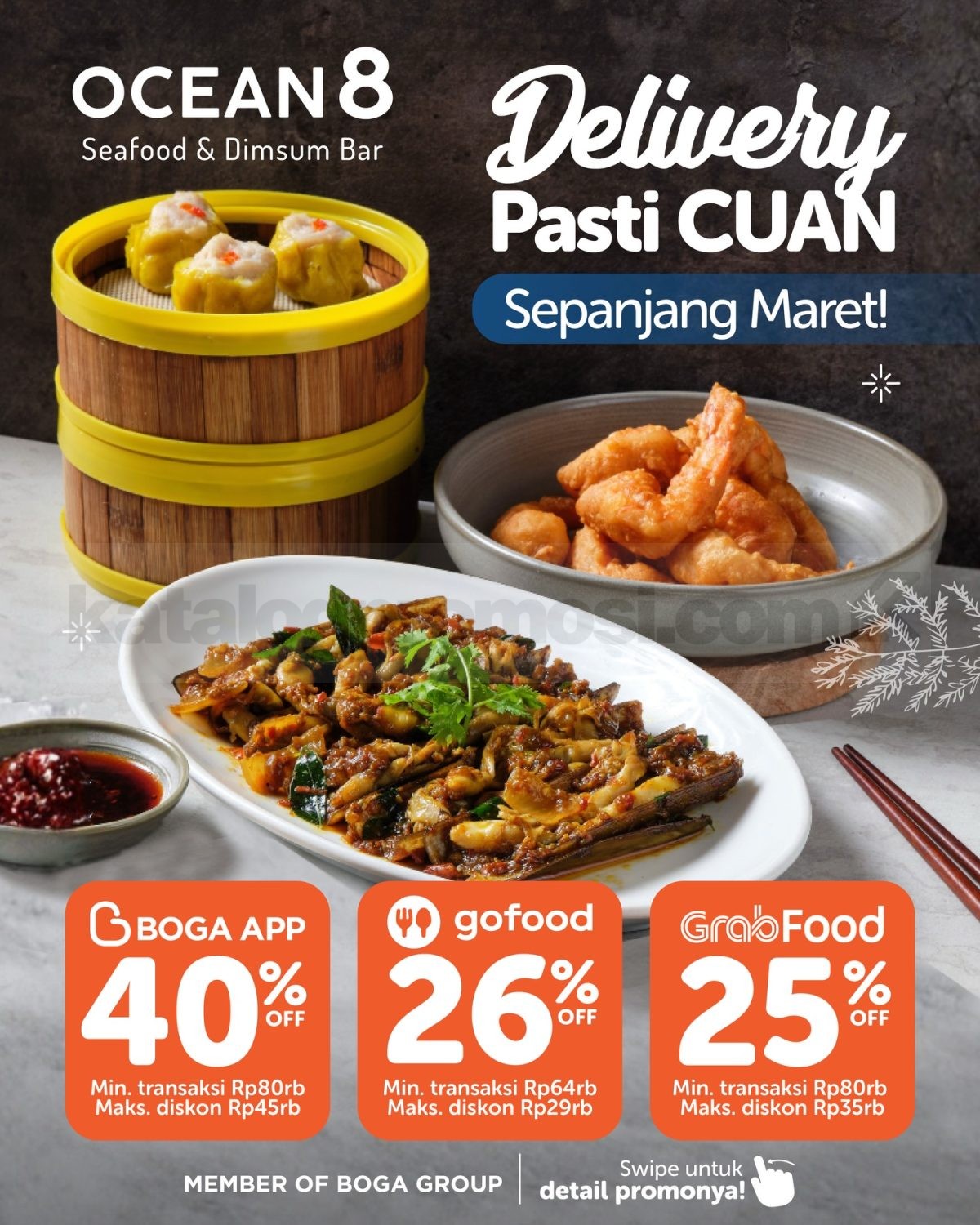 Promo Ocean 8 Delivery Pasti CUAN Diskon hingga 40% Promo Ocean 8 Delivery Pasti CUAN diskon hingga 40% via Boga App, GoFood, dan GrabFood Maret 2026