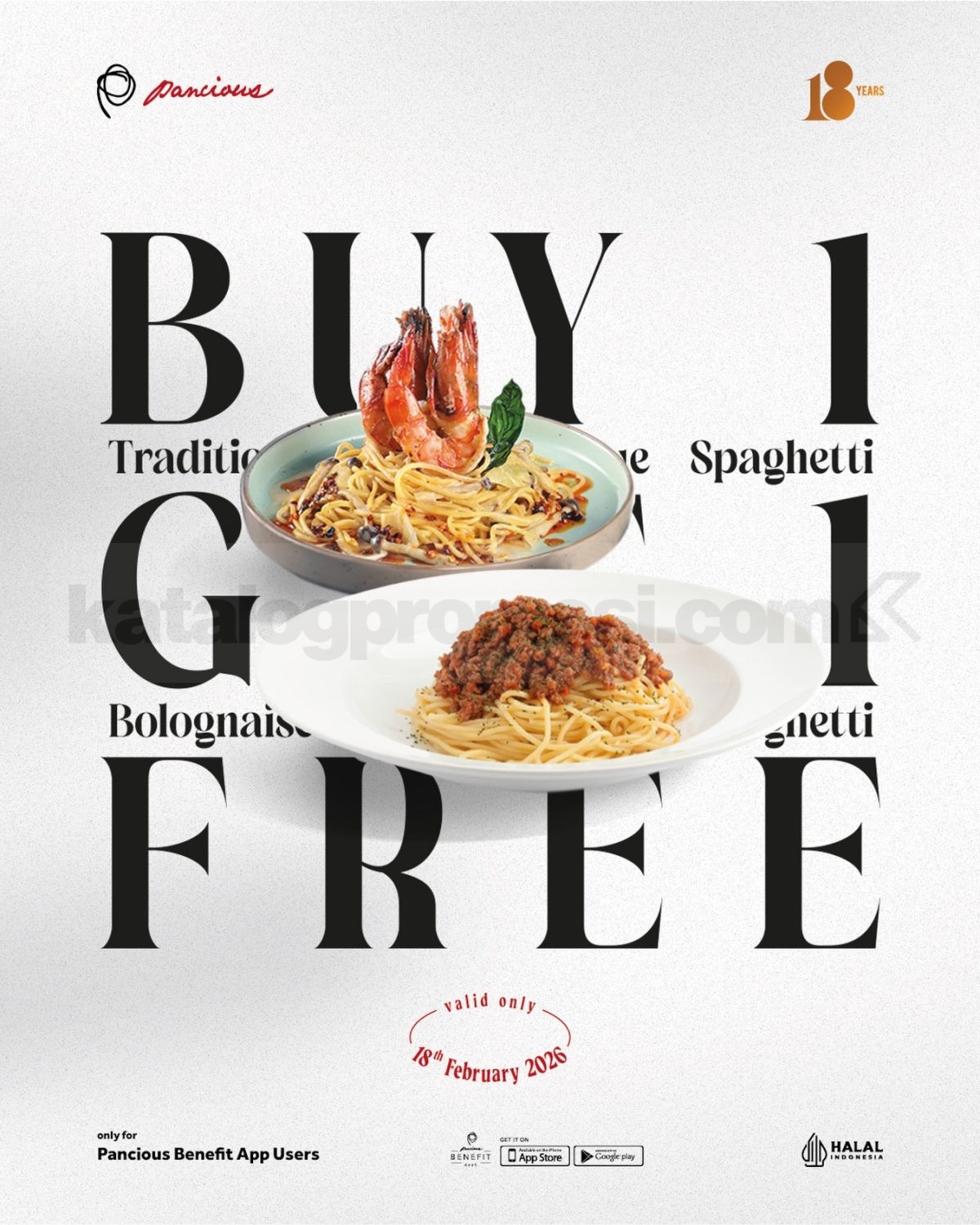 Promo Pancious Buy 1 Get 1 Free Spaghetti Promo Pancious Buy 1 Get 1 Spaghetti 18 Februari 2026 dengan e-voucher Pancious Benefit App di outlet tertentu.
